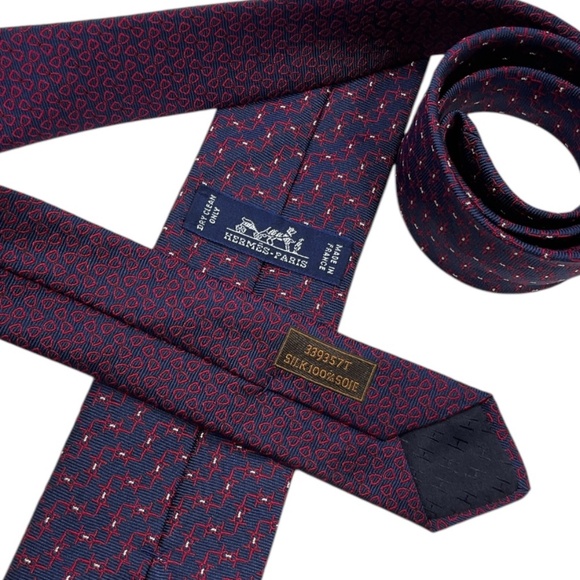 HERMÈS 339357T Blue/Burgundy Geometric Silk LUXURY Slim Tie FRANCE - Picture 3 of 6